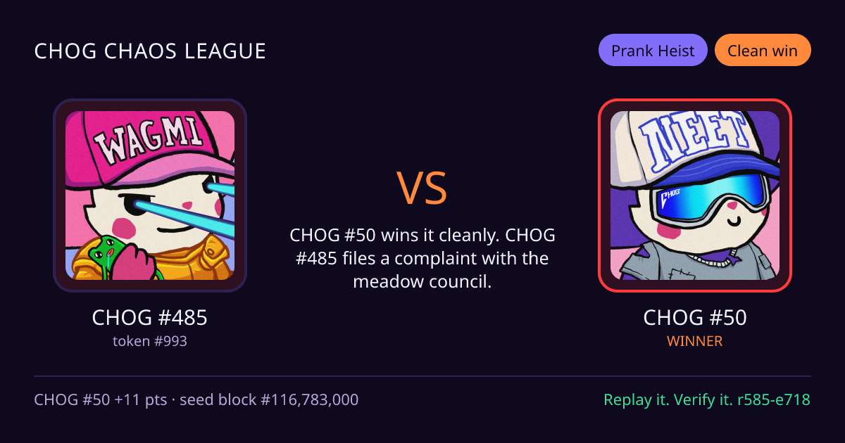 Highlight card: CHOG #485 versus CHOG #50