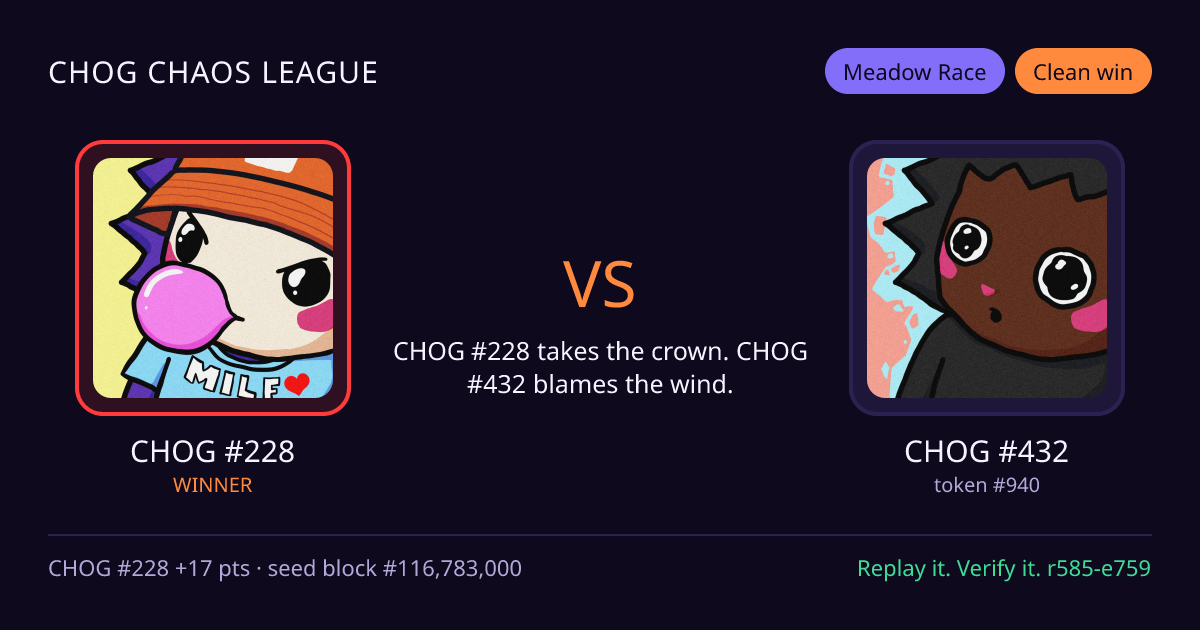 Highlight card: CHOG #228 versus CHOG #432