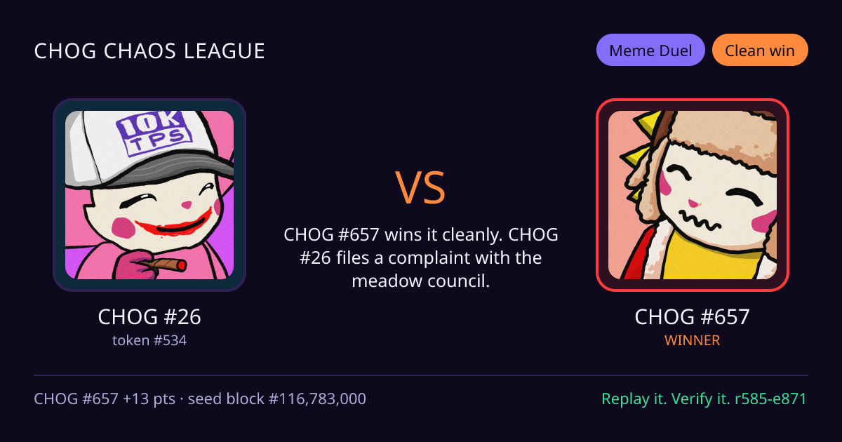 Highlight card: CHOG #26 versus CHOG #657