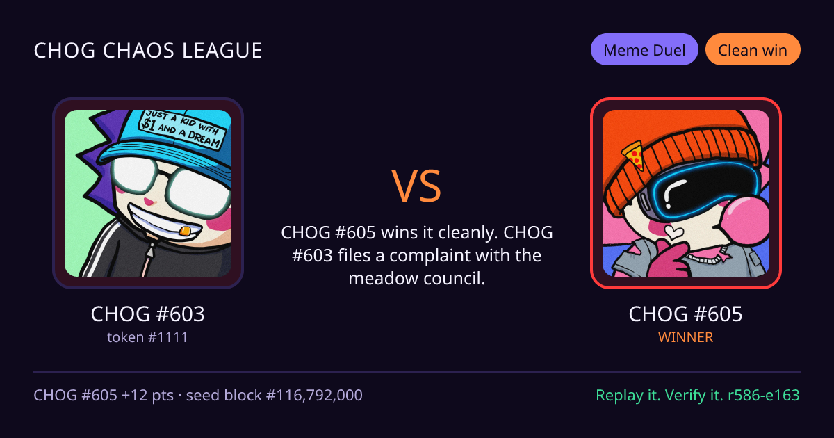 Highlight card: CHOG #603 versus CHOG #605