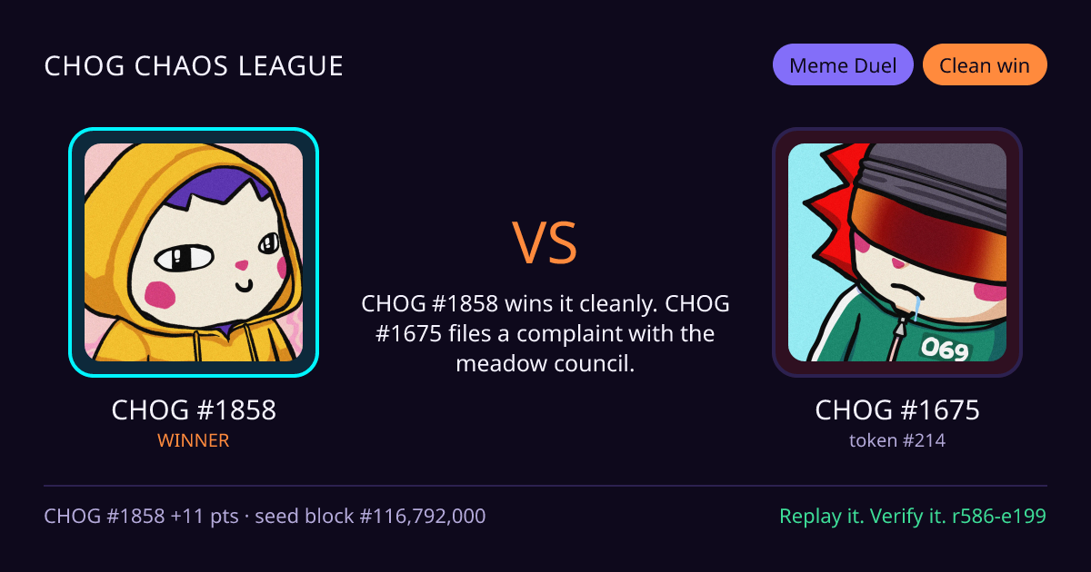 Highlight card: CHOG #1858 versus CHOG #1675
