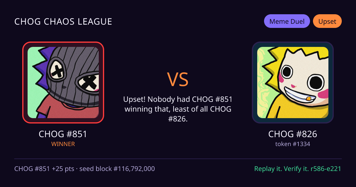 Highlight card: CHOG #851 versus CHOG #826