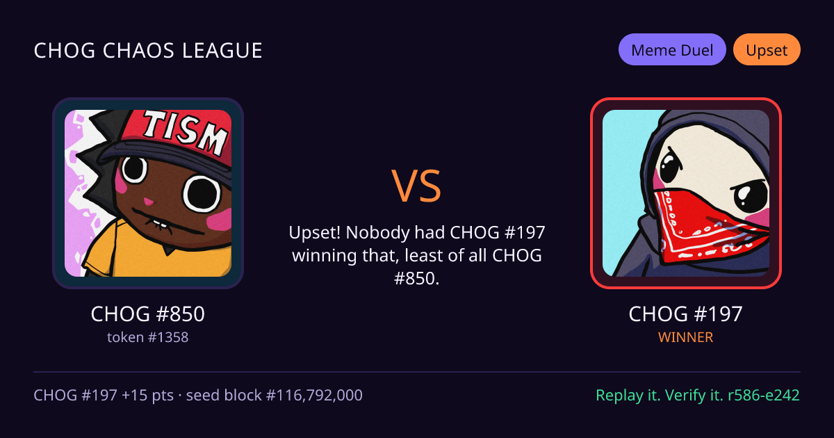 Highlight card: CHOG #850 versus CHOG #197