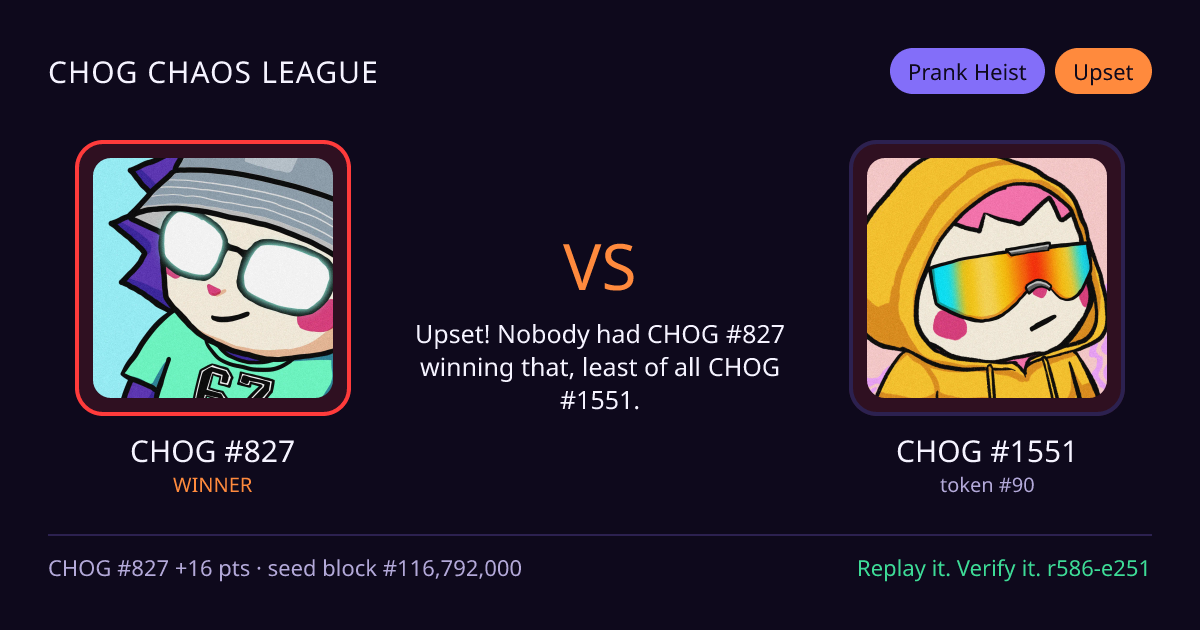 Highlight card: CHOG #827 versus CHOG #1551