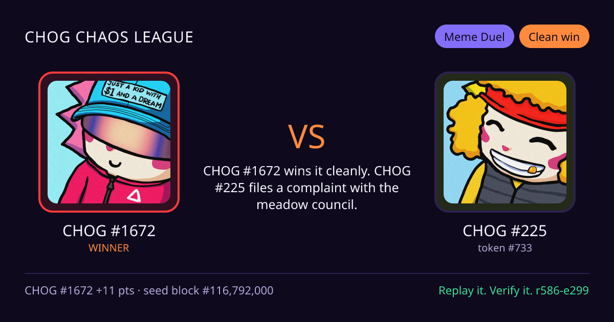 Highlight card: CHOG #1672 versus CHOG #225