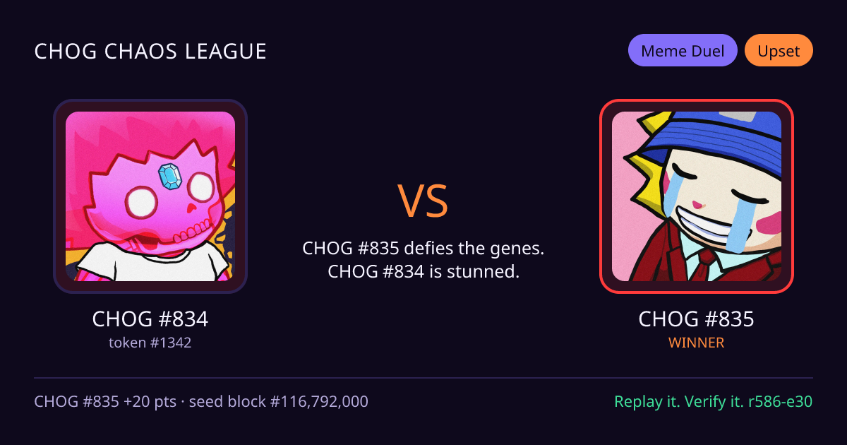 Highlight card: CHOG #834 versus CHOG #835