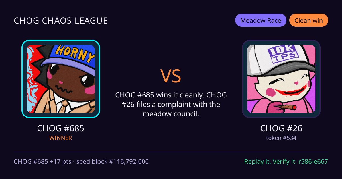 Highlight card: CHOG #685 versus CHOG #26