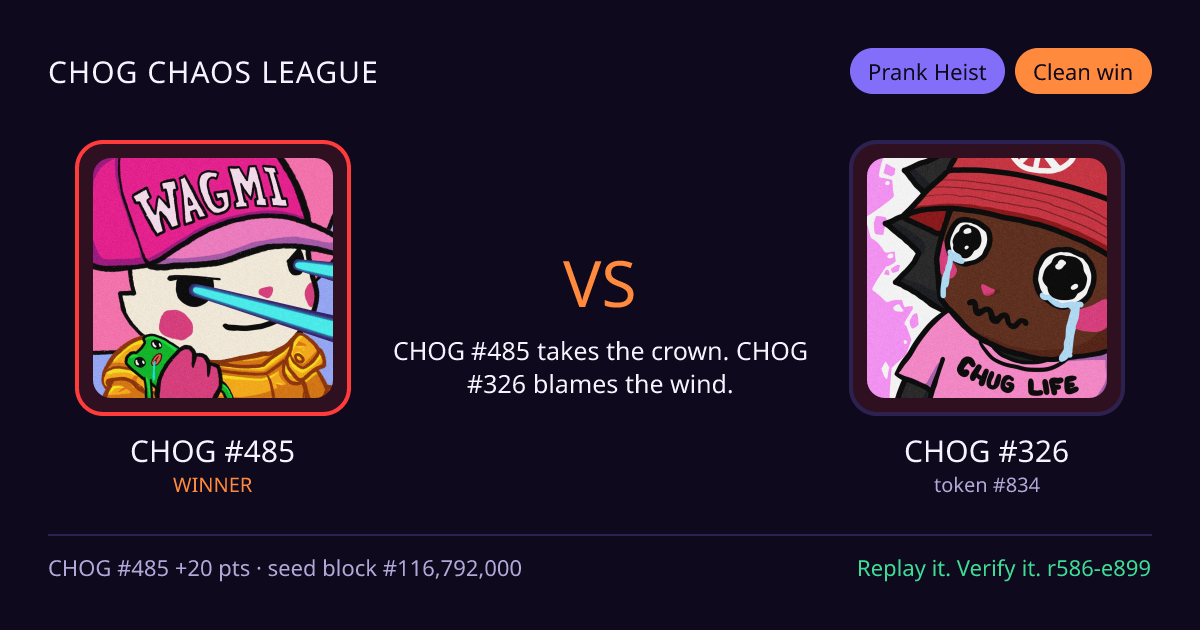 Highlight card: CHOG #485 versus CHOG #326