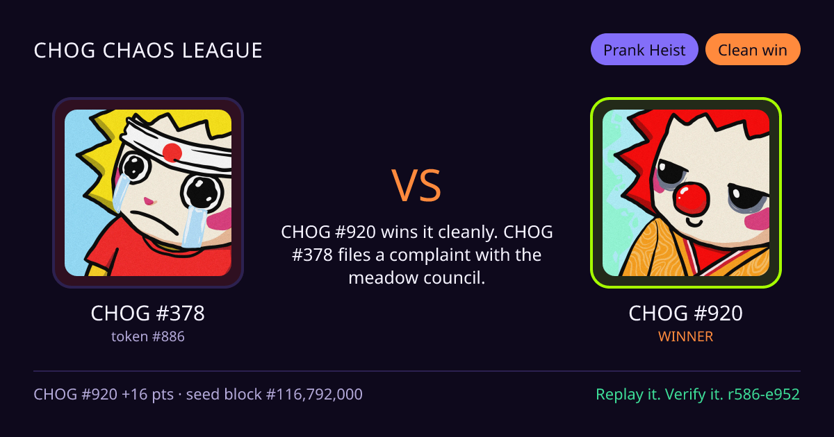 Highlight card: CHOG #378 versus CHOG #920