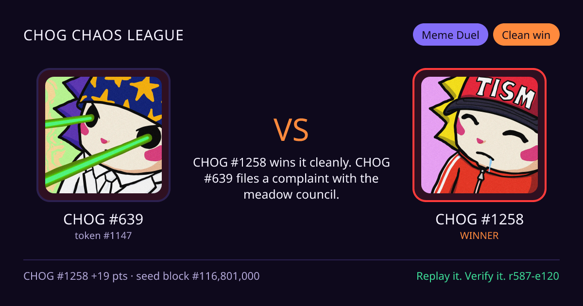 Highlight card: CHOG #639 versus CHOG #1258