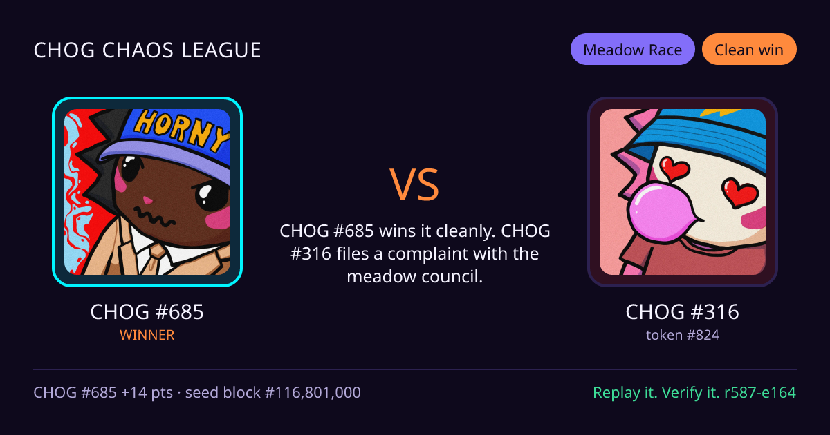 Highlight card: CHOG #685 versus CHOG #316