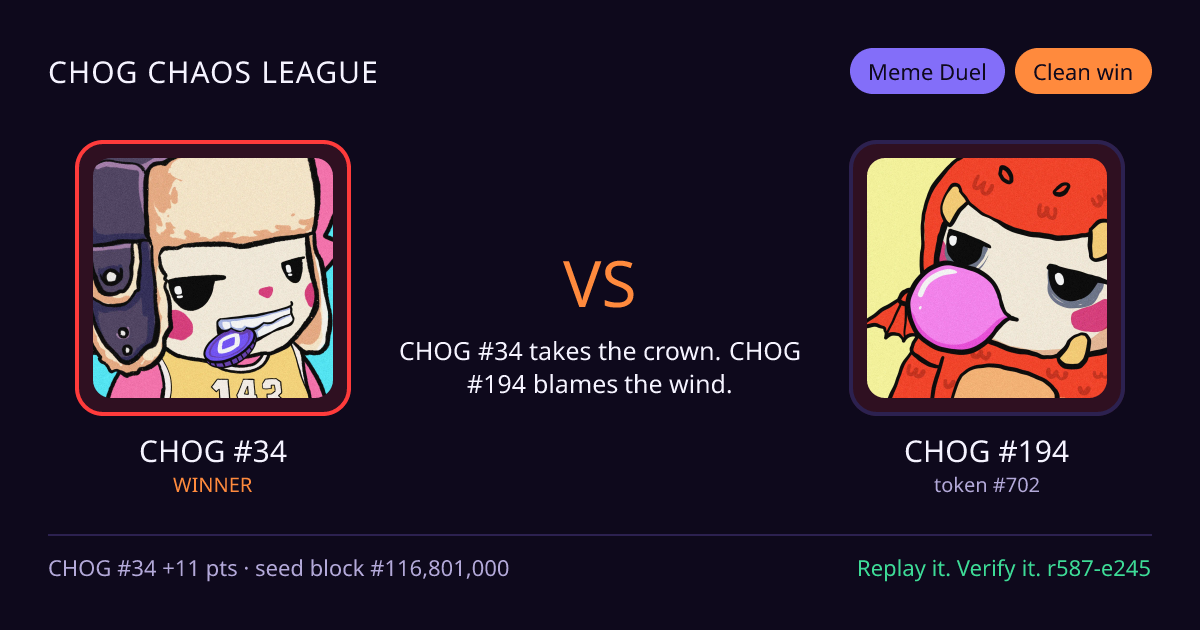 Highlight card: CHOG #34 versus CHOG #194