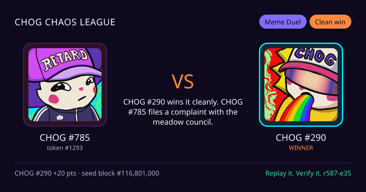 Highlight card: CHOG #785 versus CHOG #290
