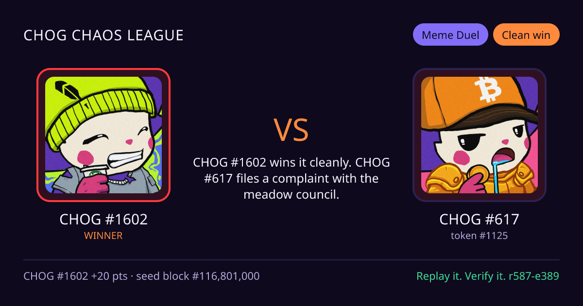 Highlight card: CHOG #1602 versus CHOG #617