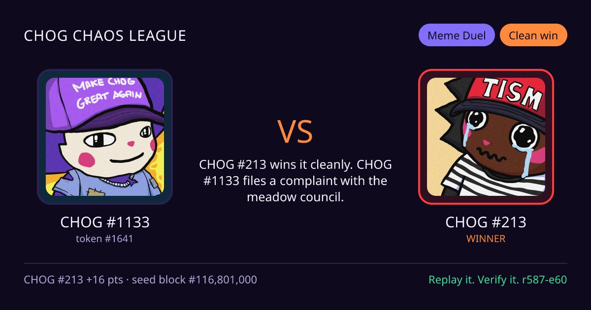Highlight card: CHOG #1133 versus CHOG #213