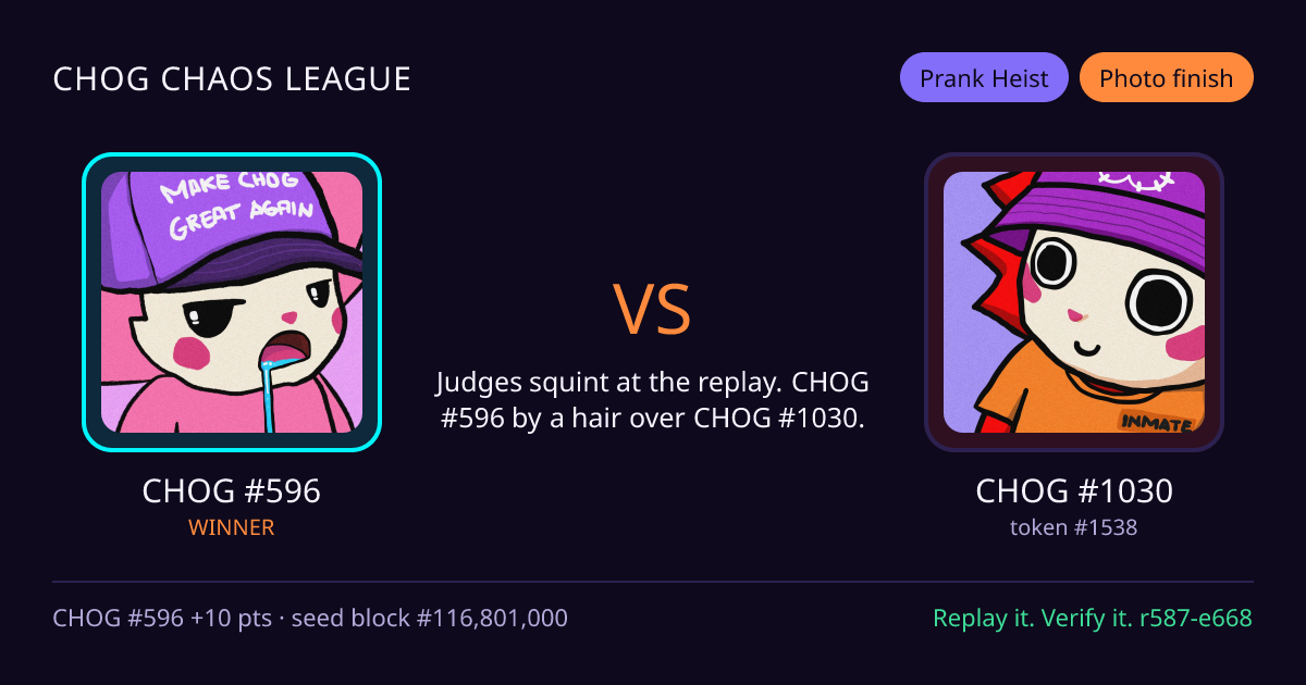 Highlight card: CHOG #596 versus CHOG #1030