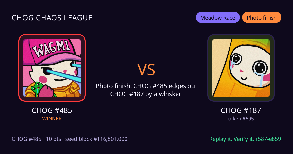 Highlight card: CHOG #485 versus CHOG #187