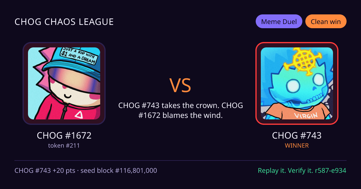 Highlight card: CHOG #1672 versus CHOG #743