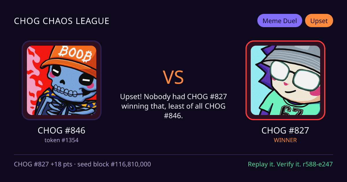 Highlight card: CHOG #846 versus CHOG #827