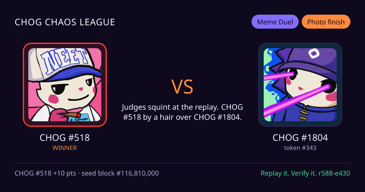 Highlight card: CHOG #518 versus CHOG #1804