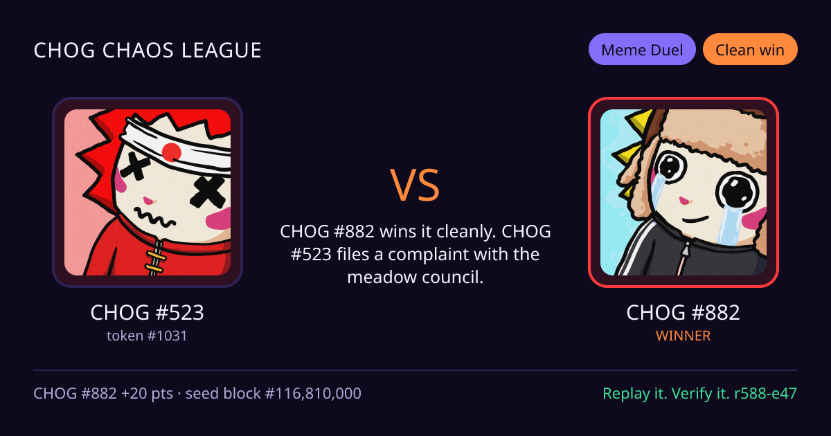 Highlight card: CHOG #523 versus CHOG #882