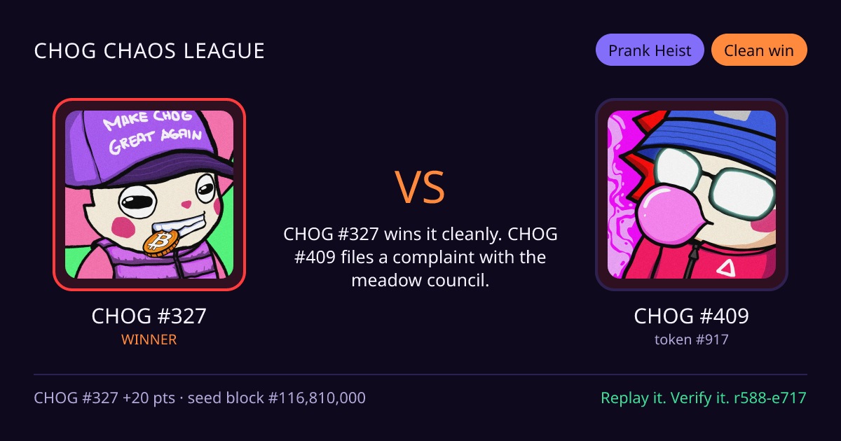 Highlight card: CHOG #327 versus CHOG #409