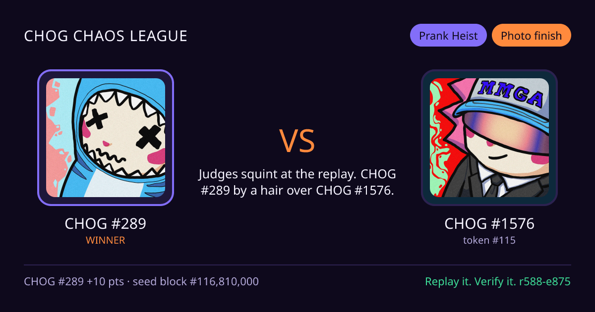 Highlight card: CHOG #289 versus CHOG #1576