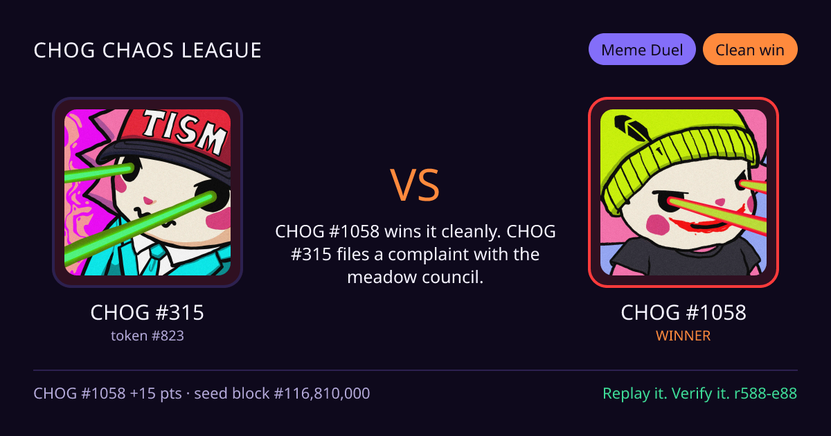 Highlight card: CHOG #315 versus CHOG #1058