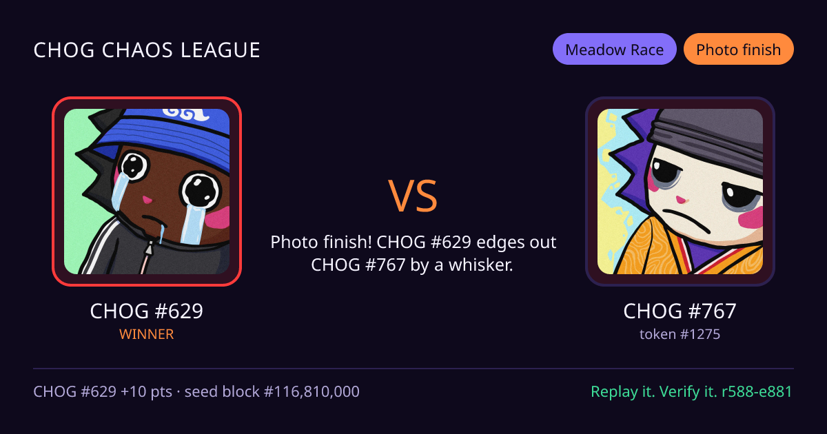 Highlight card: CHOG #629 versus CHOG #767