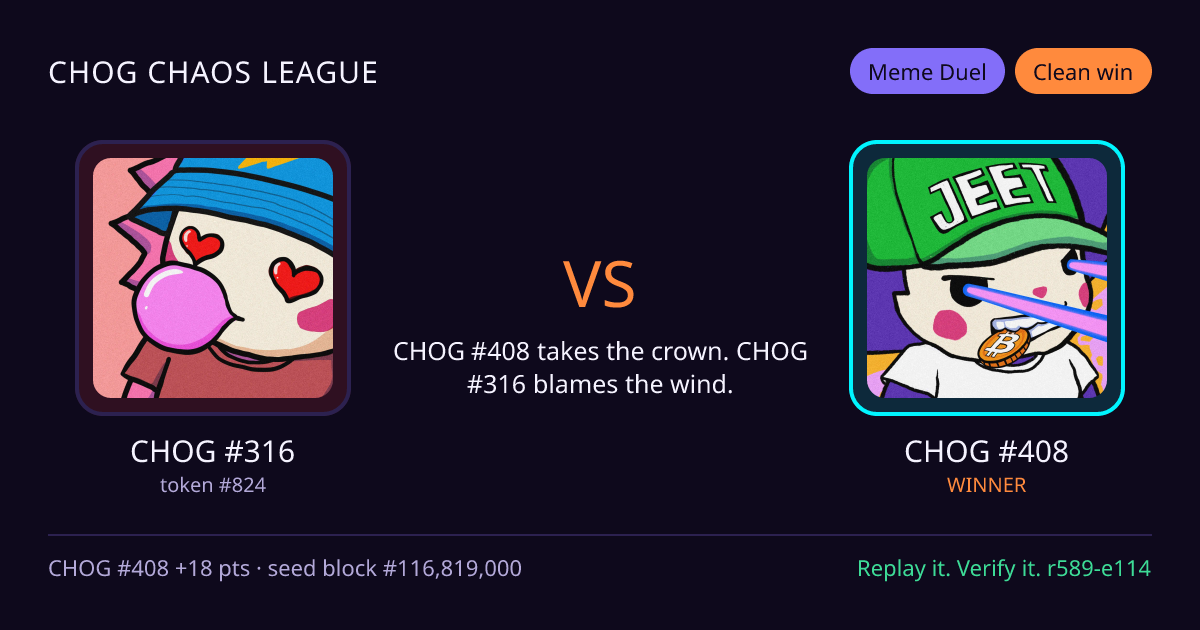 Highlight card: CHOG #316 versus CHOG #408