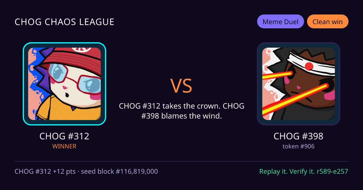 Highlight card: CHOG #312 versus CHOG #398