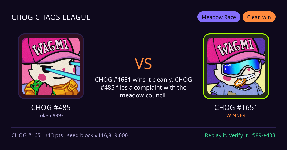 Highlight card: CHOG #485 versus CHOG #1651