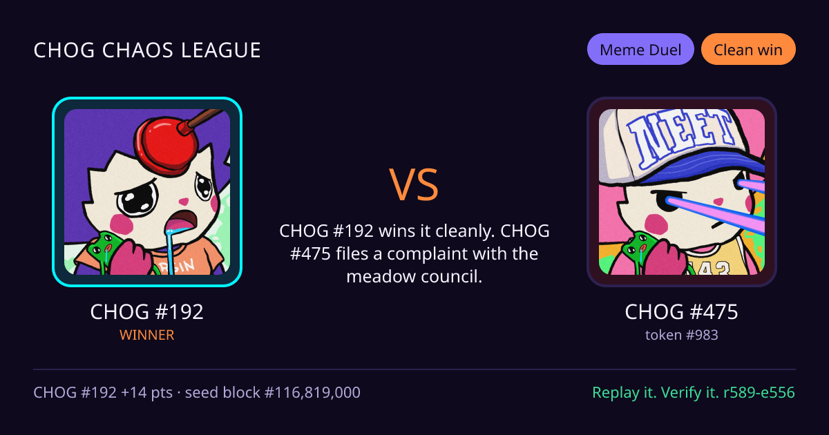 Highlight card: CHOG #192 versus CHOG #475