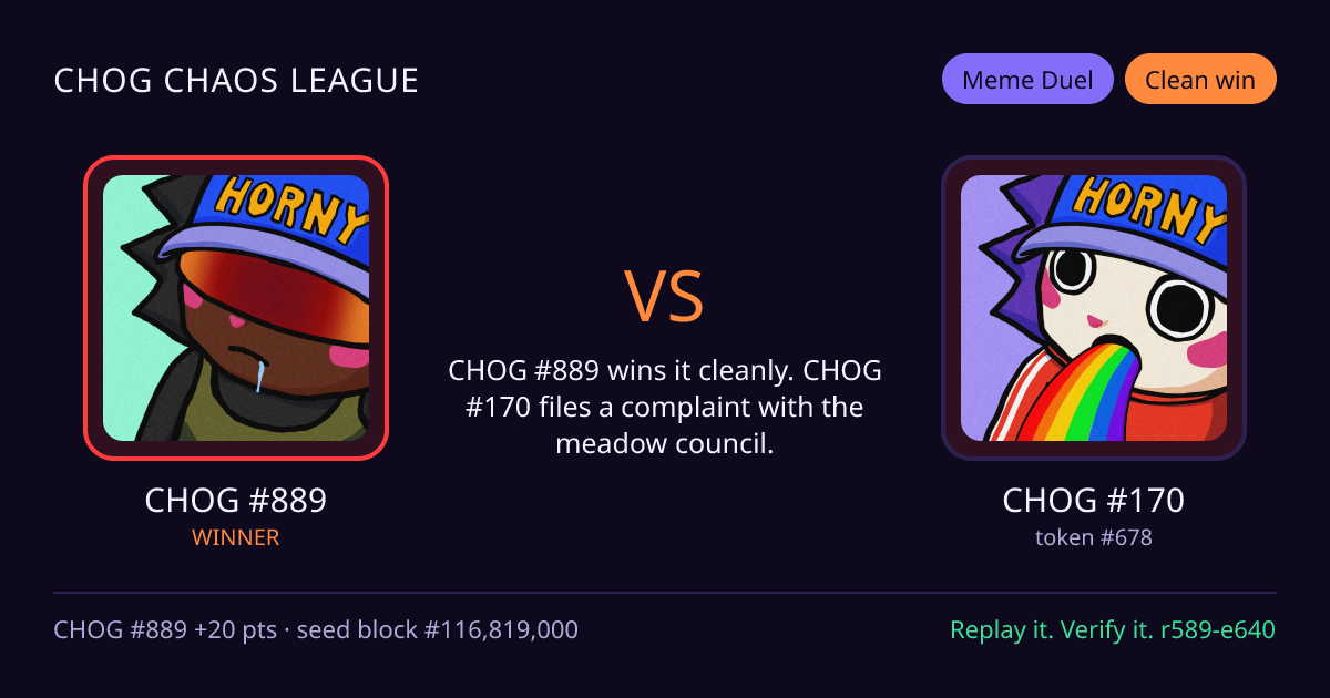 Highlight card: CHOG #889 versus CHOG #170