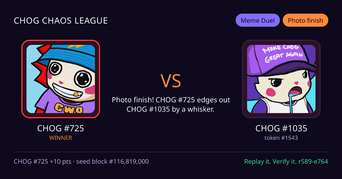Highlight card: CHOG #725 versus CHOG #1035