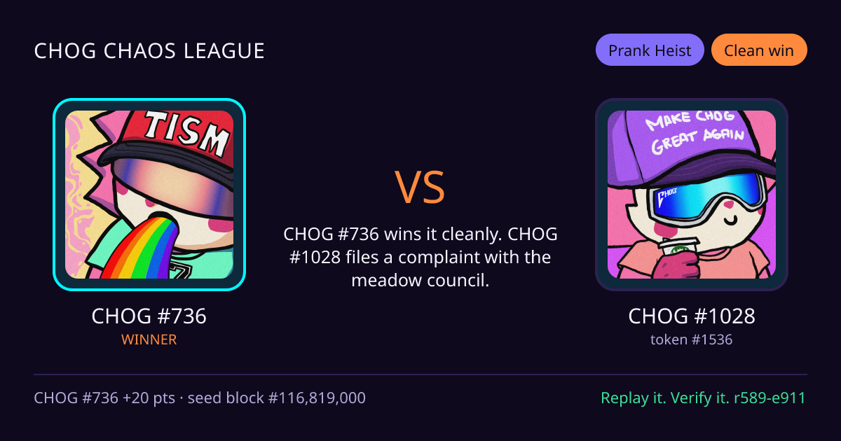 Highlight card: CHOG #736 versus CHOG #1028