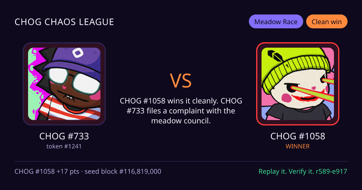 Highlight card: CHOG #733 versus CHOG #1058