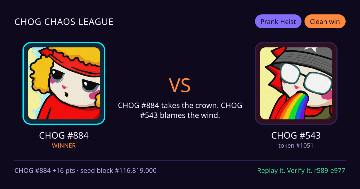Highlight card: CHOG #884 versus CHOG #543