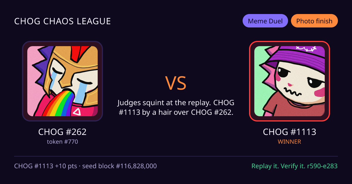 Highlight card: CHOG #262 versus CHOG #1113
