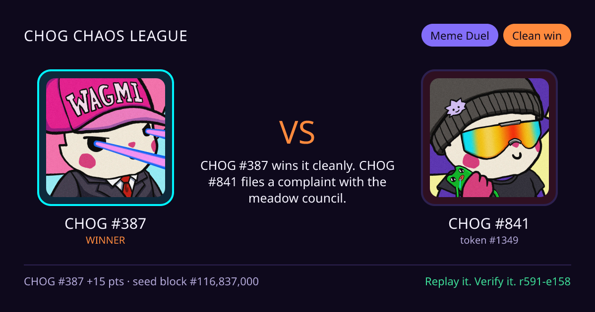 Highlight card: CHOG #387 versus CHOG #841