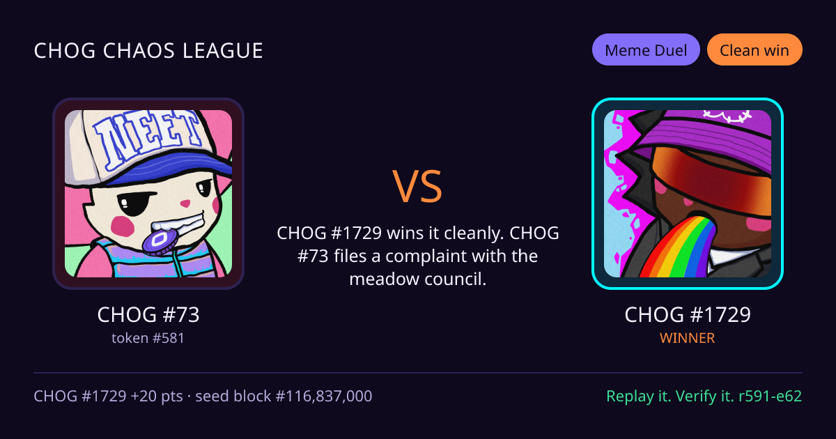 Highlight card: CHOG #73 versus CHOG #1729