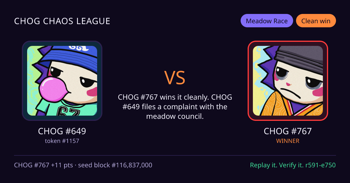 Highlight card: CHOG #649 versus CHOG #767