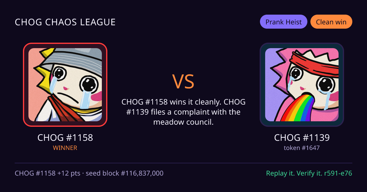 Highlight card: CHOG #1158 versus CHOG #1139