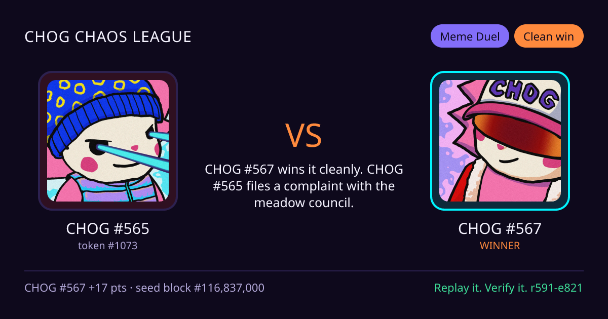Highlight card: CHOG #565 versus CHOG #567