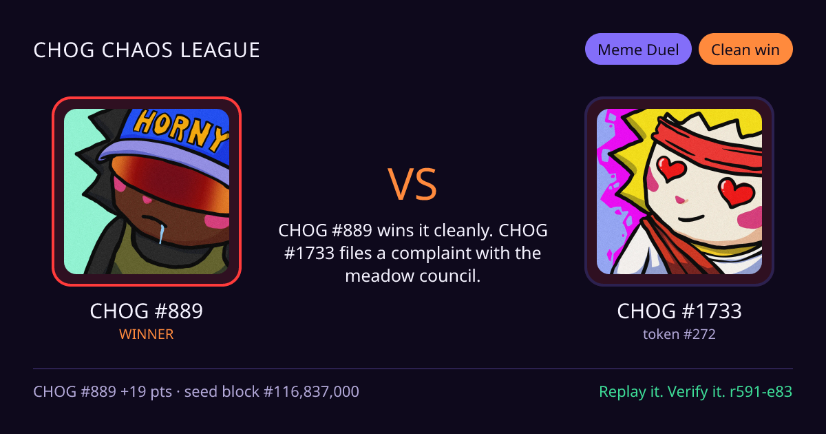 Highlight card: CHOG #889 versus CHOG #1733