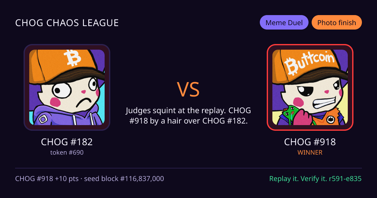 Highlight card: CHOG #182 versus CHOG #918