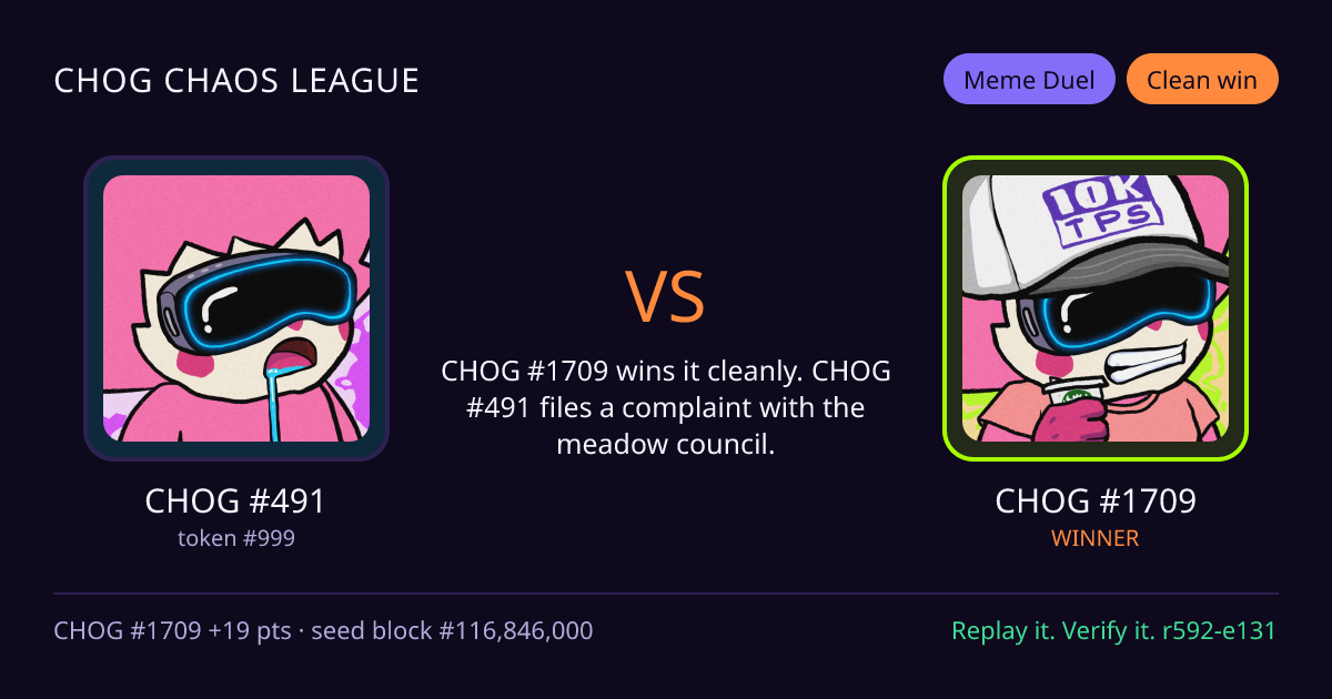 Highlight card: CHOG #491 versus CHOG #1709