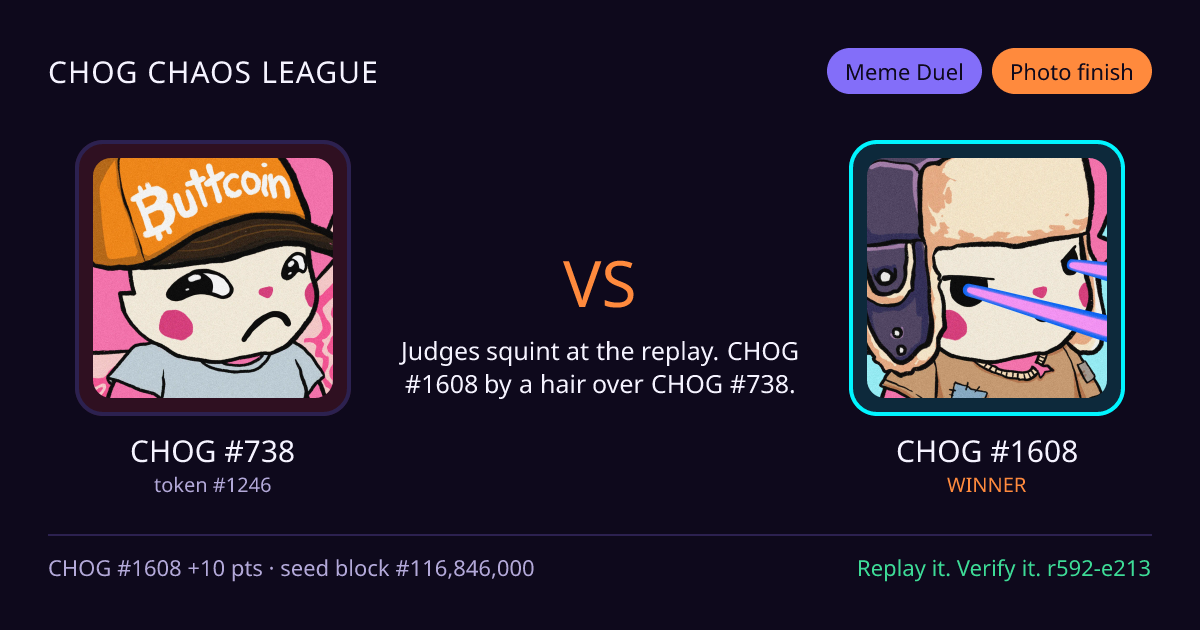 Highlight card: CHOG #738 versus CHOG #1608