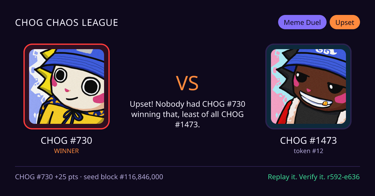 Highlight card: CHOG #730 versus CHOG #1473