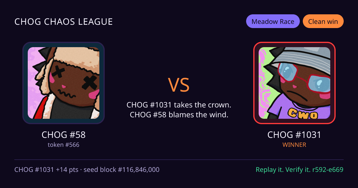 Highlight card: CHOG #58 versus CHOG #1031